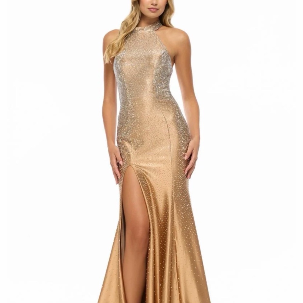 Sherri Hill Gold Halter Sequin Maxi Dress